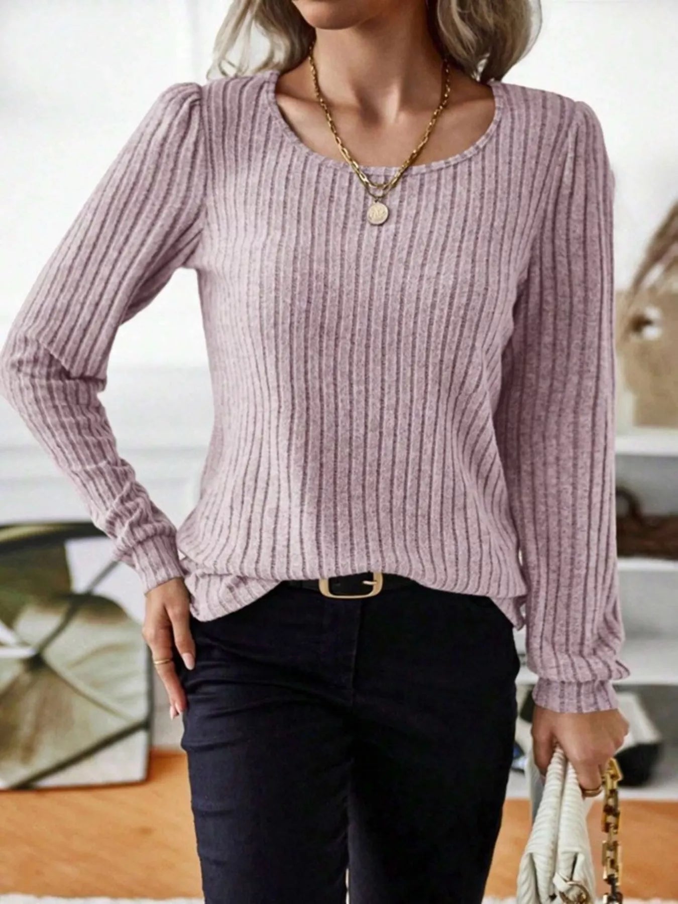 Ribbed Knit Long Sleeve T-Shirt