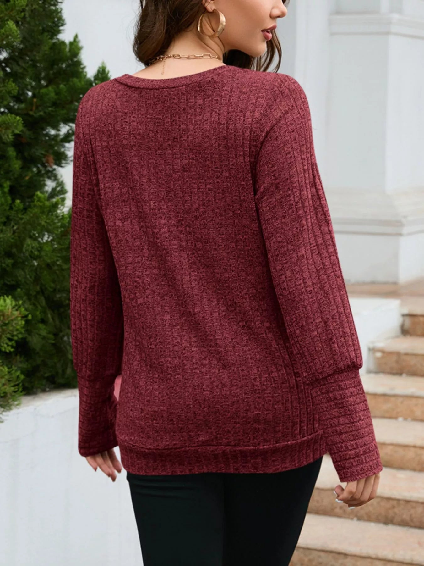 V-Neck Textured Knit Long Sleeve T-Shirt