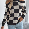 Cold Shoulder Checkered Long Sleeve Sweater