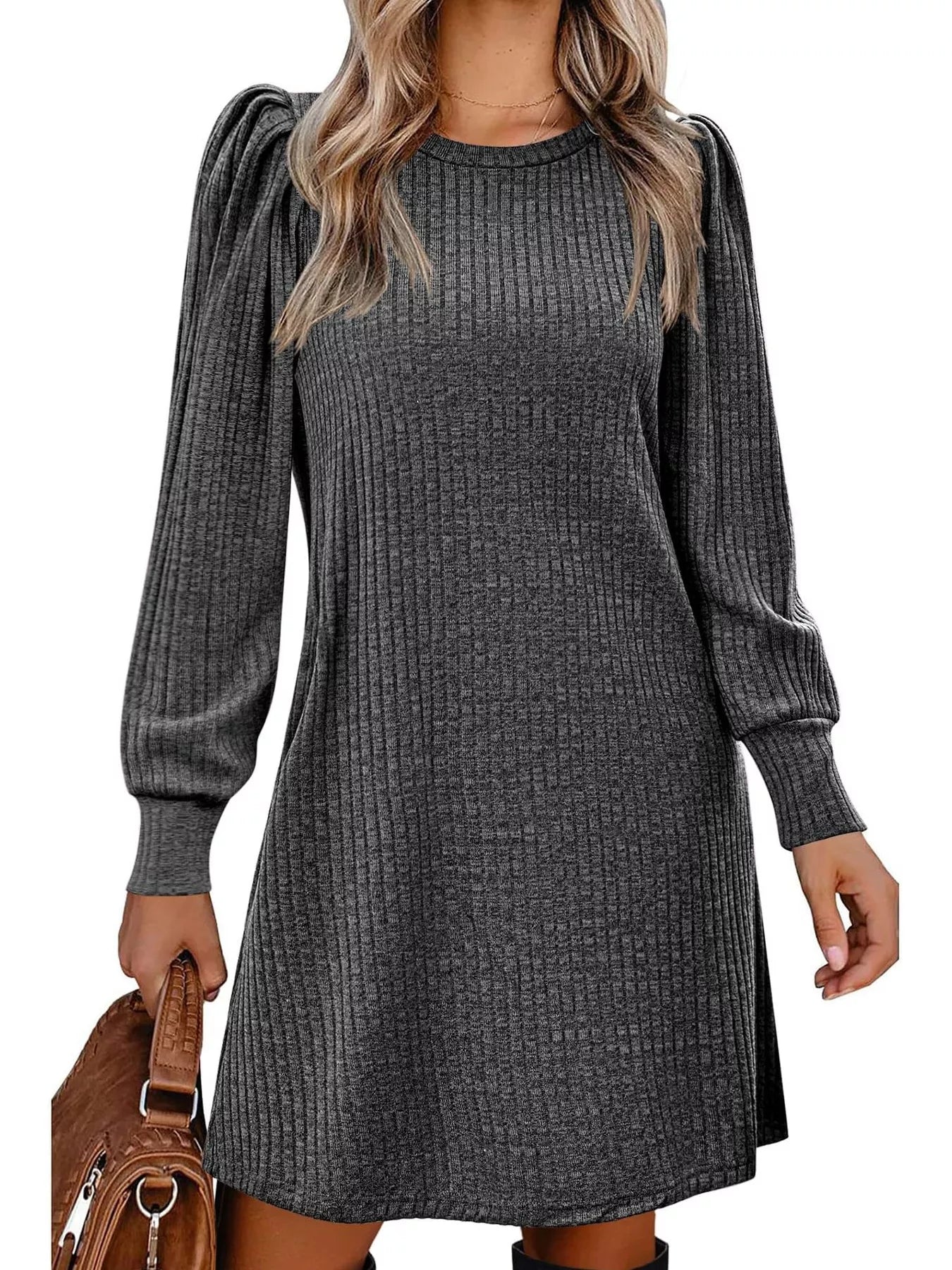 Ribbed Knit Puff Sleeve Casual Mini Dress