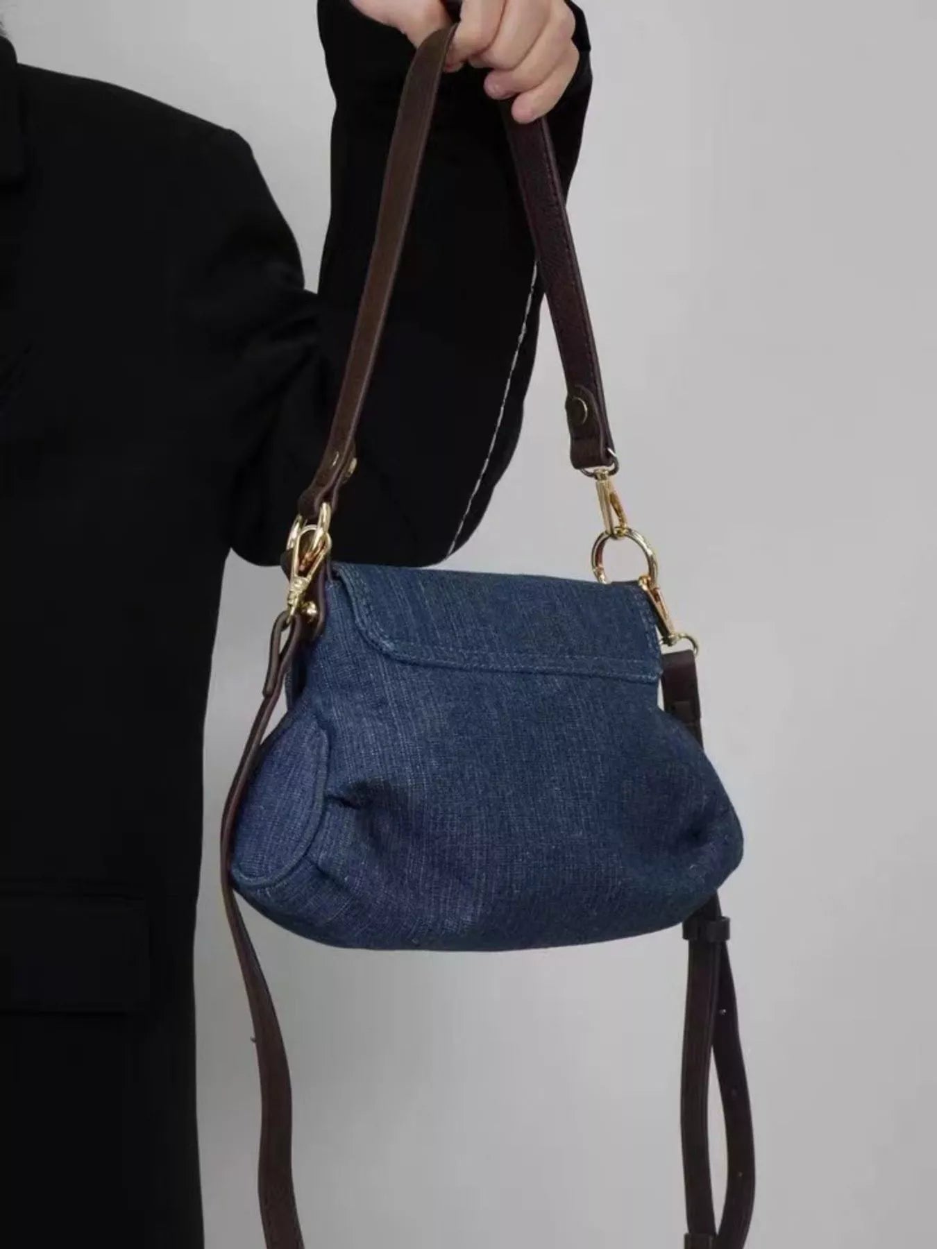 Denim Flap Shoulder Bag with Golden Clasp