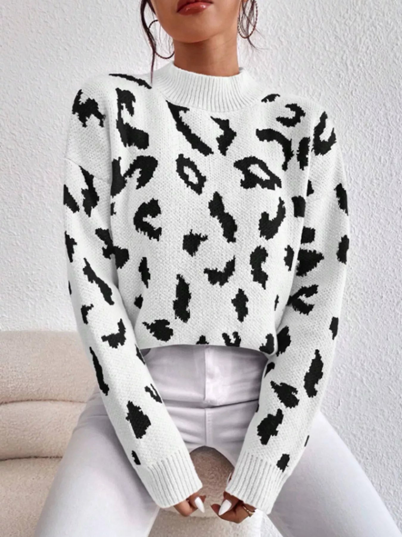 Leopard Mock Neck Sweater White
