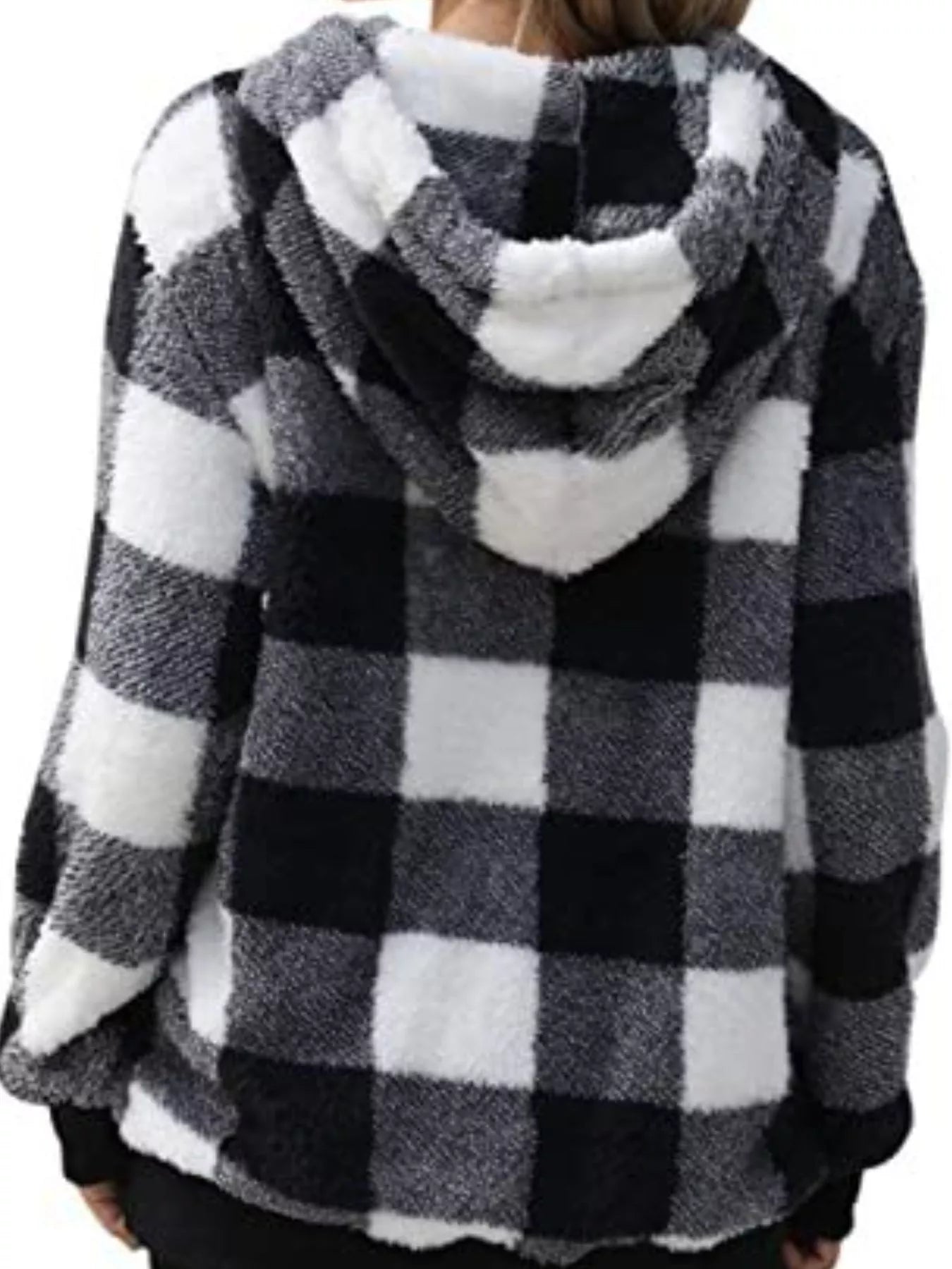 Full Size Plaid Sherpa Drawstring Hoodie Plus Size