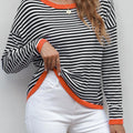 Striped Round Neck Drop Shoulder T-Shirt Black