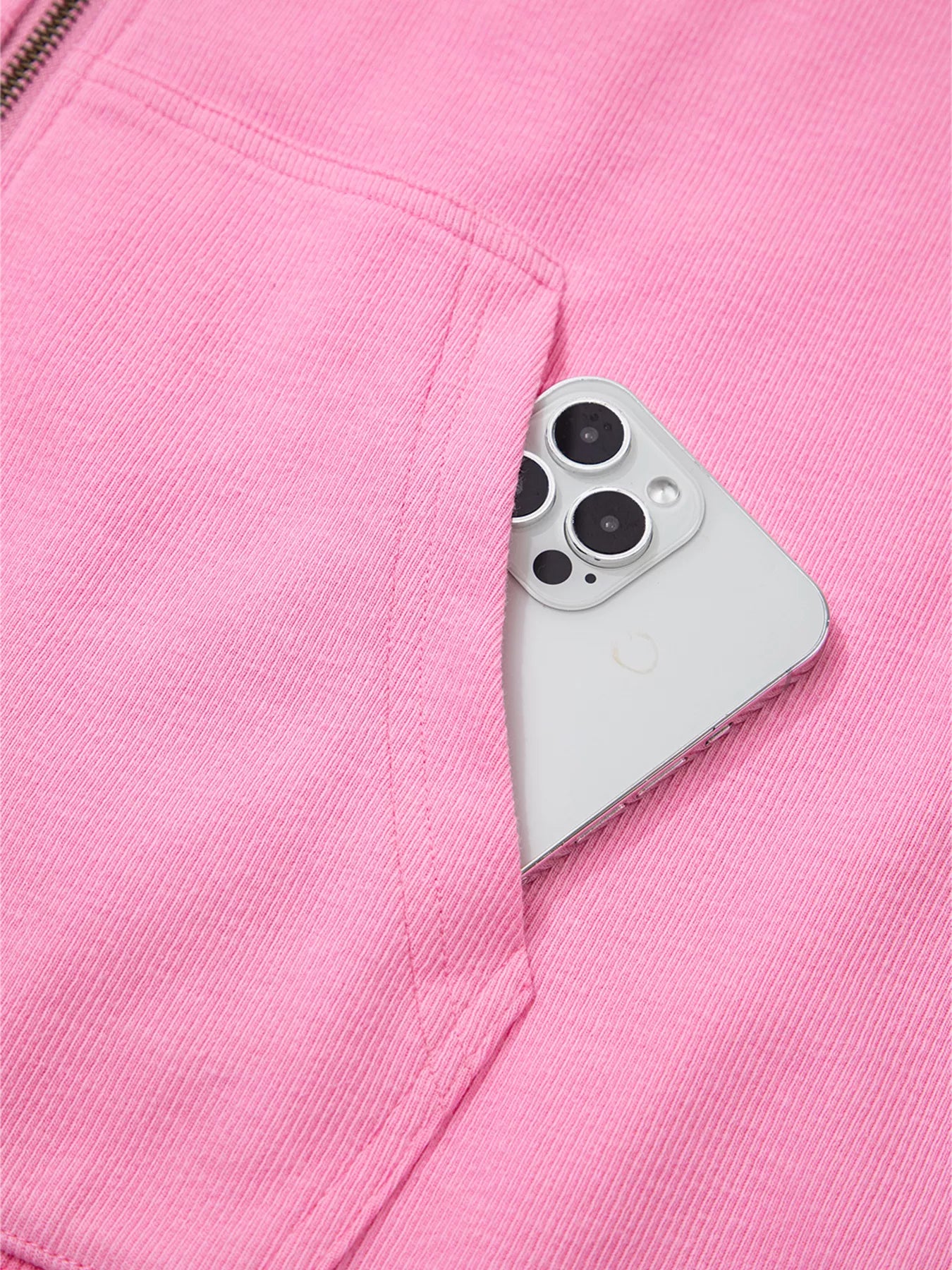 Solid Color Ribbed Zip Up Drawstring Hooded Jacket