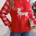 Reindeer Plaid Round Neck Long Sleeve Sweater Orange-Red