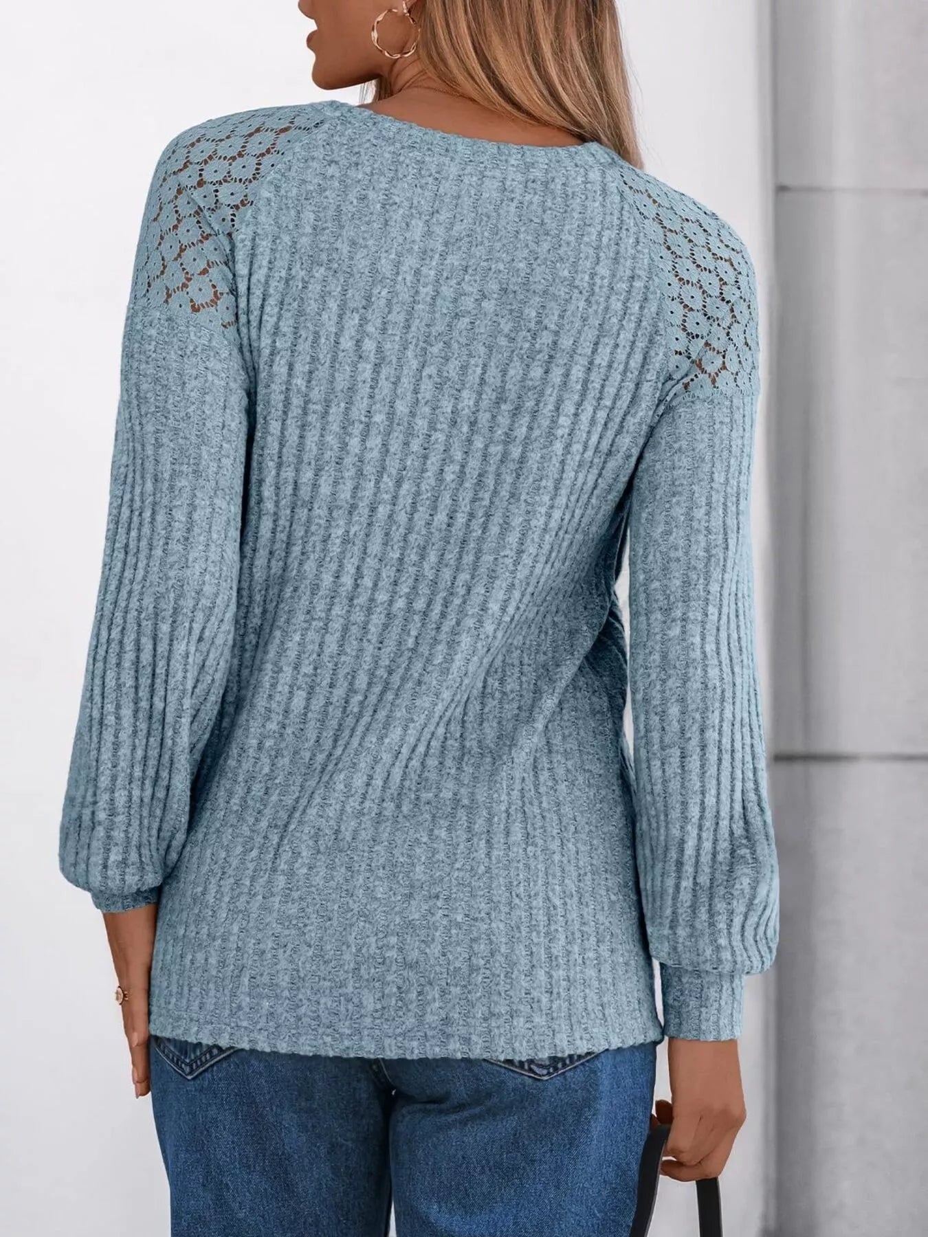 Ribbed Knit T-Shirt with Lace Shoulder Detail