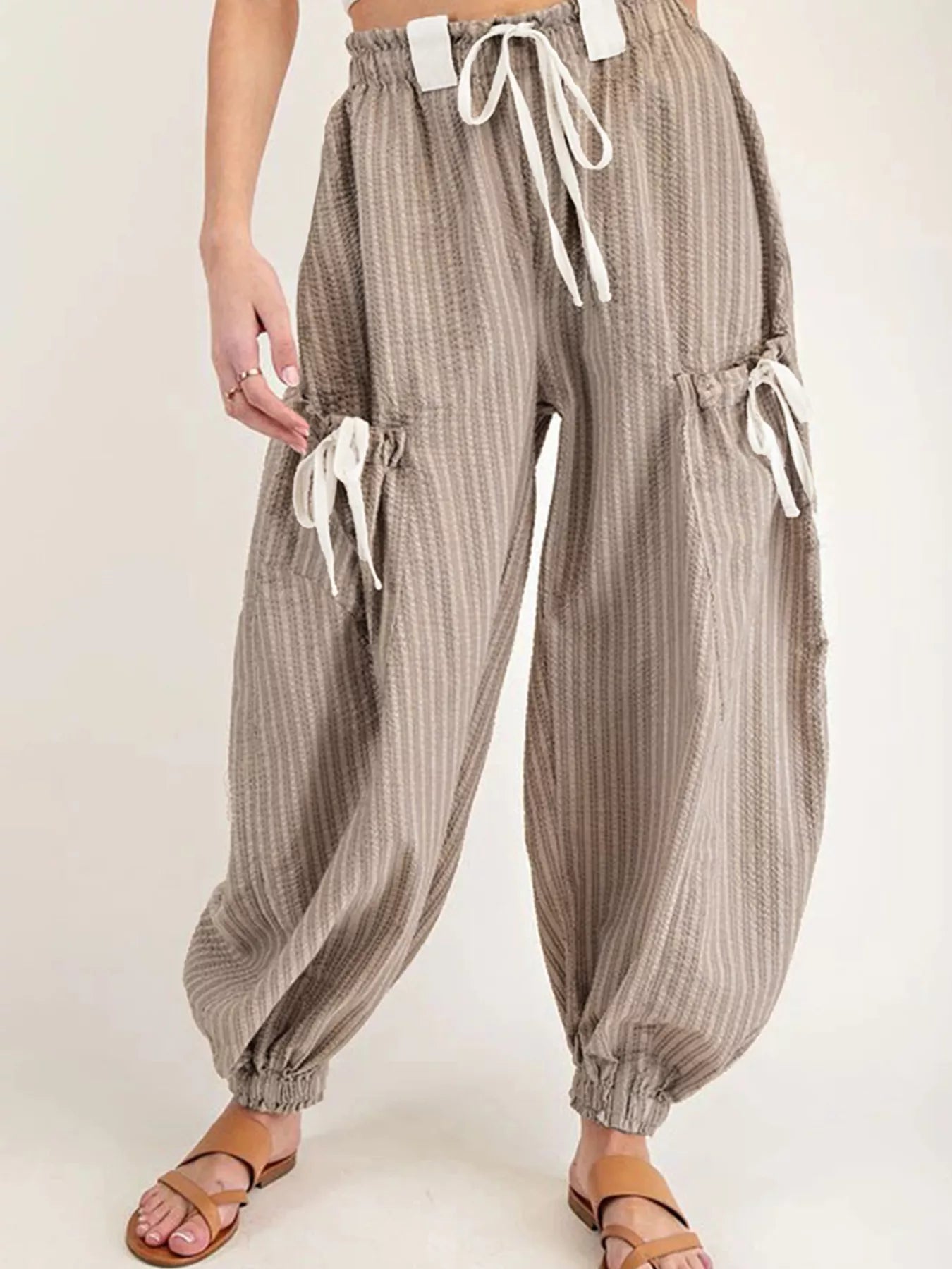 Stripe Drawstring Cargo Jogger Pants with Pockets Mocha