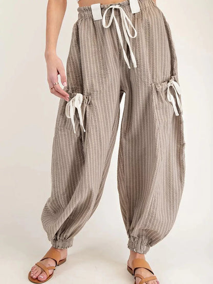 Stripe Drawstring Cargo Jogger Pants with Pockets Mocha
