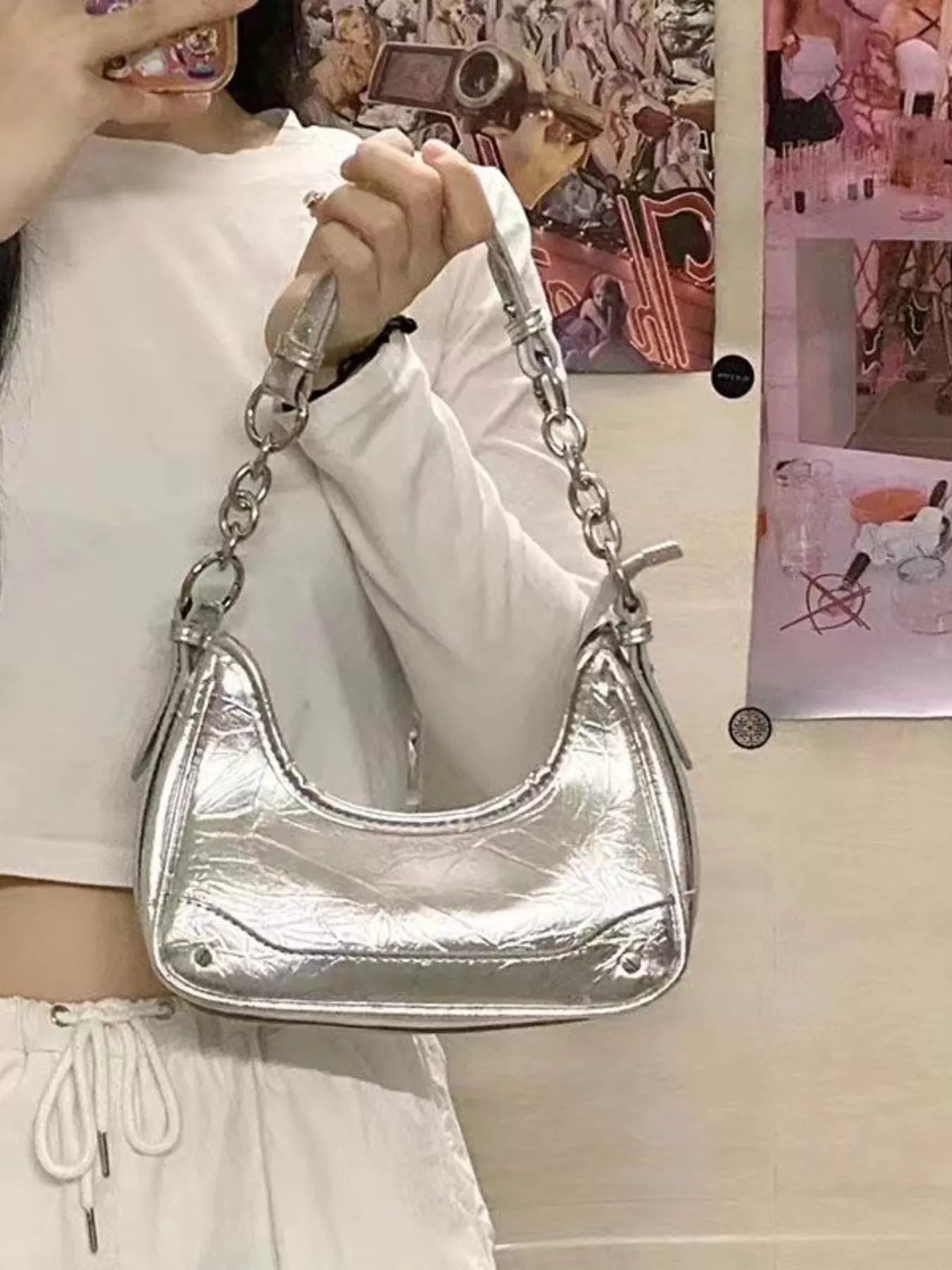 Leather Chain Strap Shoulder Bag Silver One Size