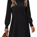 Ribbed Knit Puff Sleeve Casual Mini Dress Black