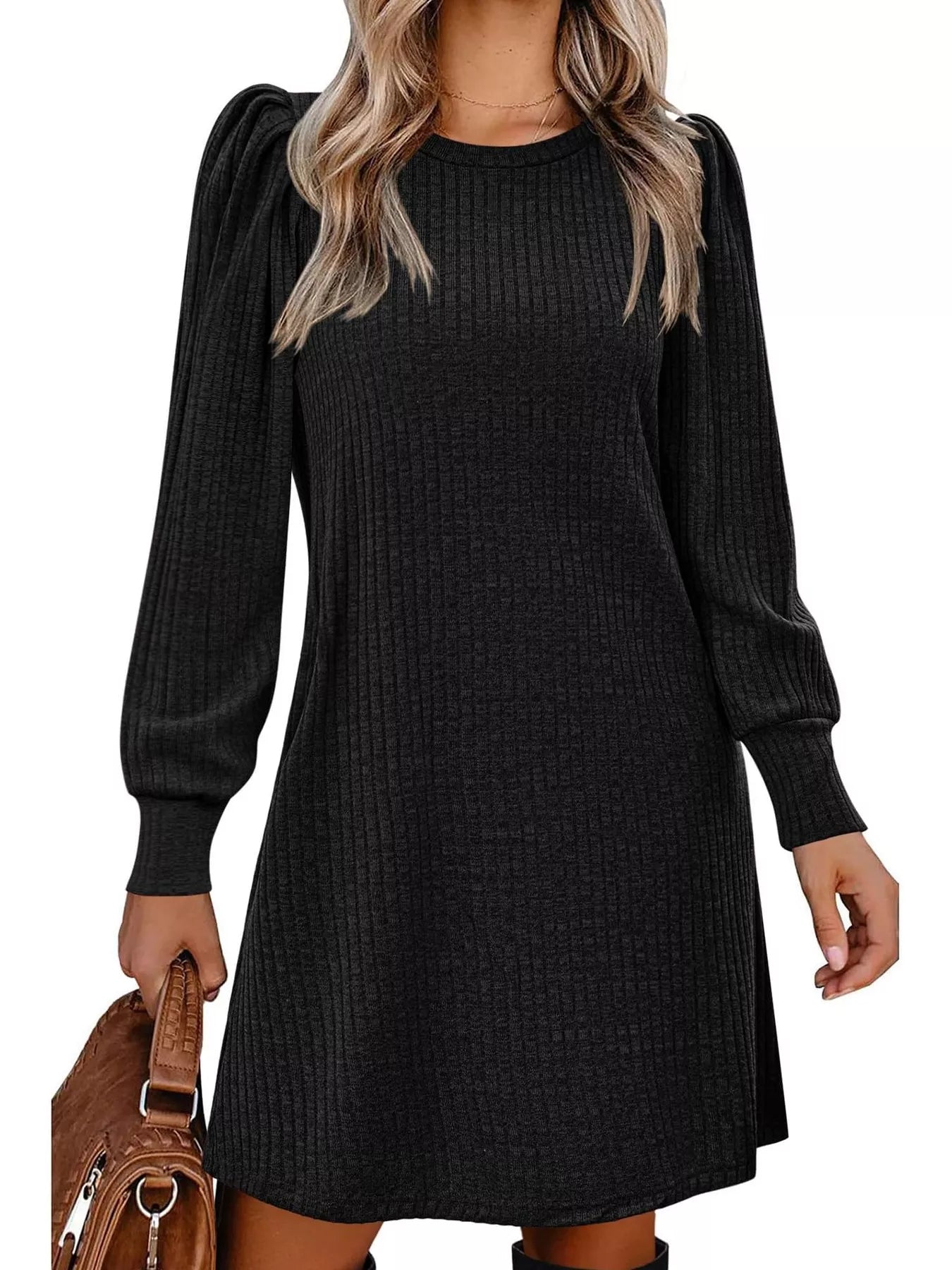 Ribbed Knit Puff Sleeve Casual Mini Dress Black