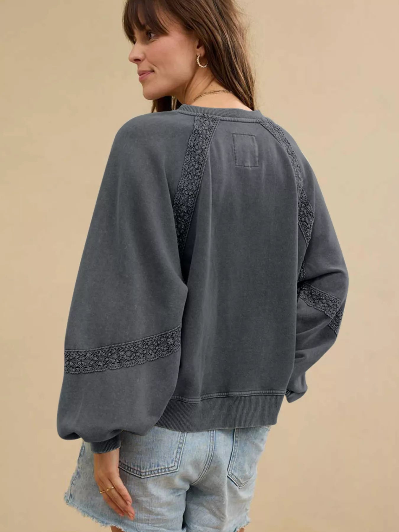 Lace Patchwork Detail Notched Mineral Wash Sweatshirt