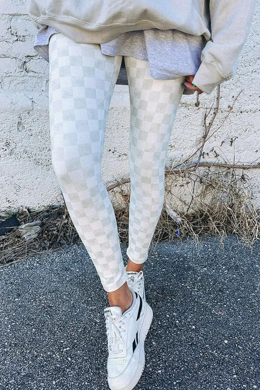 Checkered Elastic Waist Leggings White