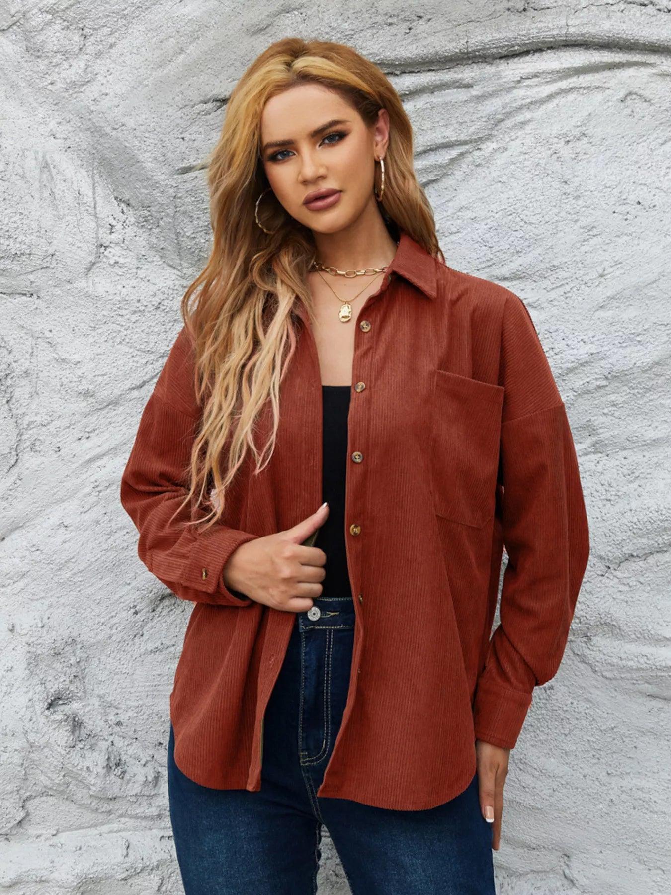 Corduroy Button-Up Shirt Amber
