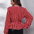 Plaid V-Neck Balloon Sleeve Peplum Blouse
