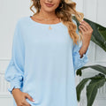 Smocked Lantern Sleeve Round Neck Blouse Misty Blue