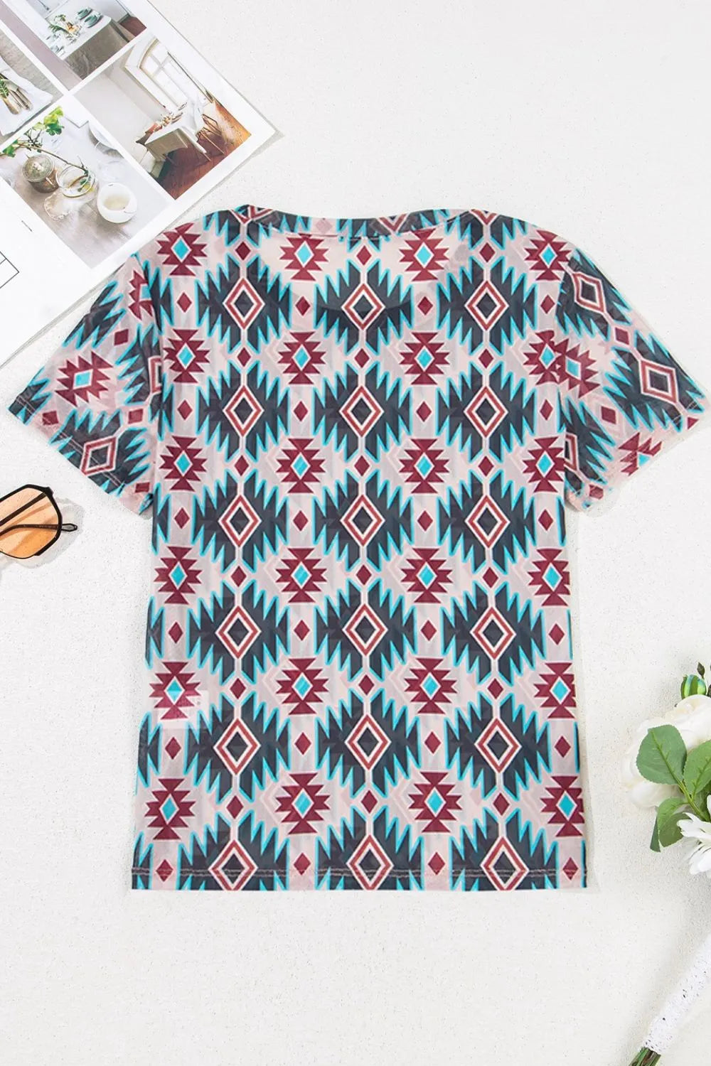 Western Aztec Print Mesh Slim T Shirt