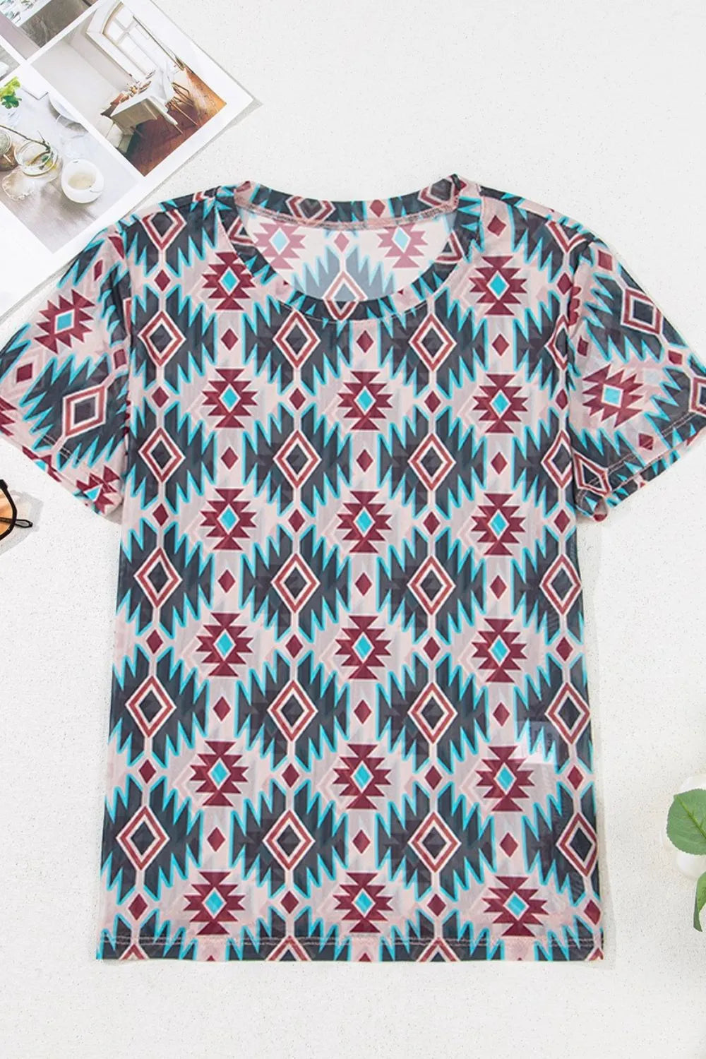 Western Aztec Print Mesh Slim T Shirt