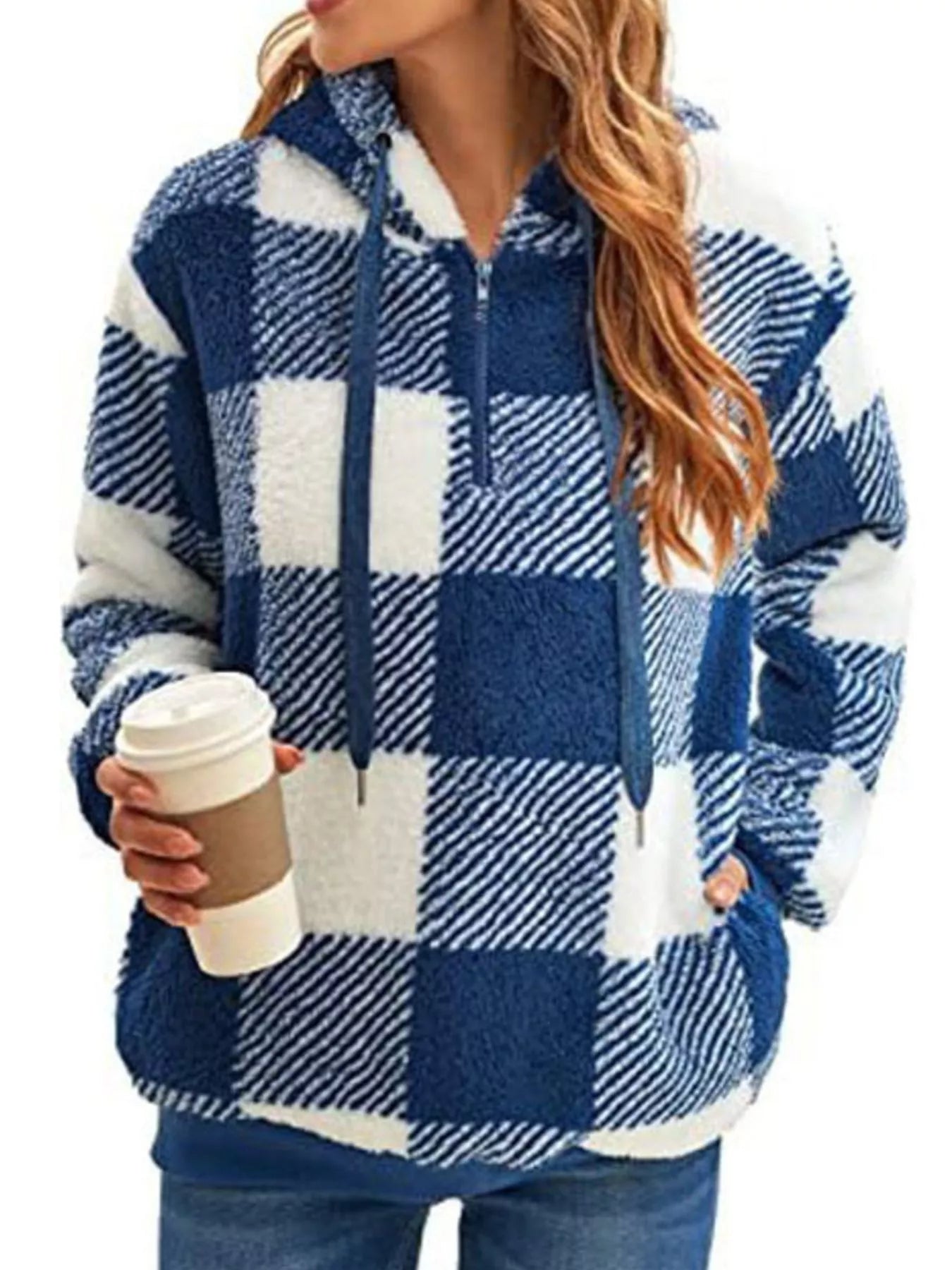 Full Size Plaid Sherpa Drawstring Hoodie Plus Size Blue