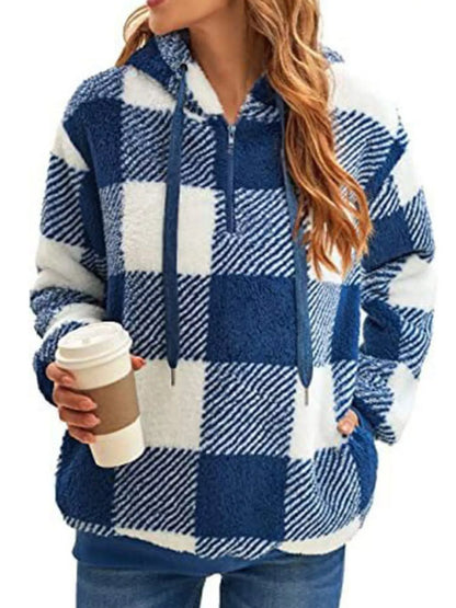 Full Size Plaid Sherpa Drawstring Hoodie Plus Size Blue