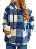 Full Size Plaid Sherpa Drawstring Hoodie Plus Size Blue