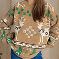 Christmas Element Round Neck Long Sleeve Sweater Tan One Size