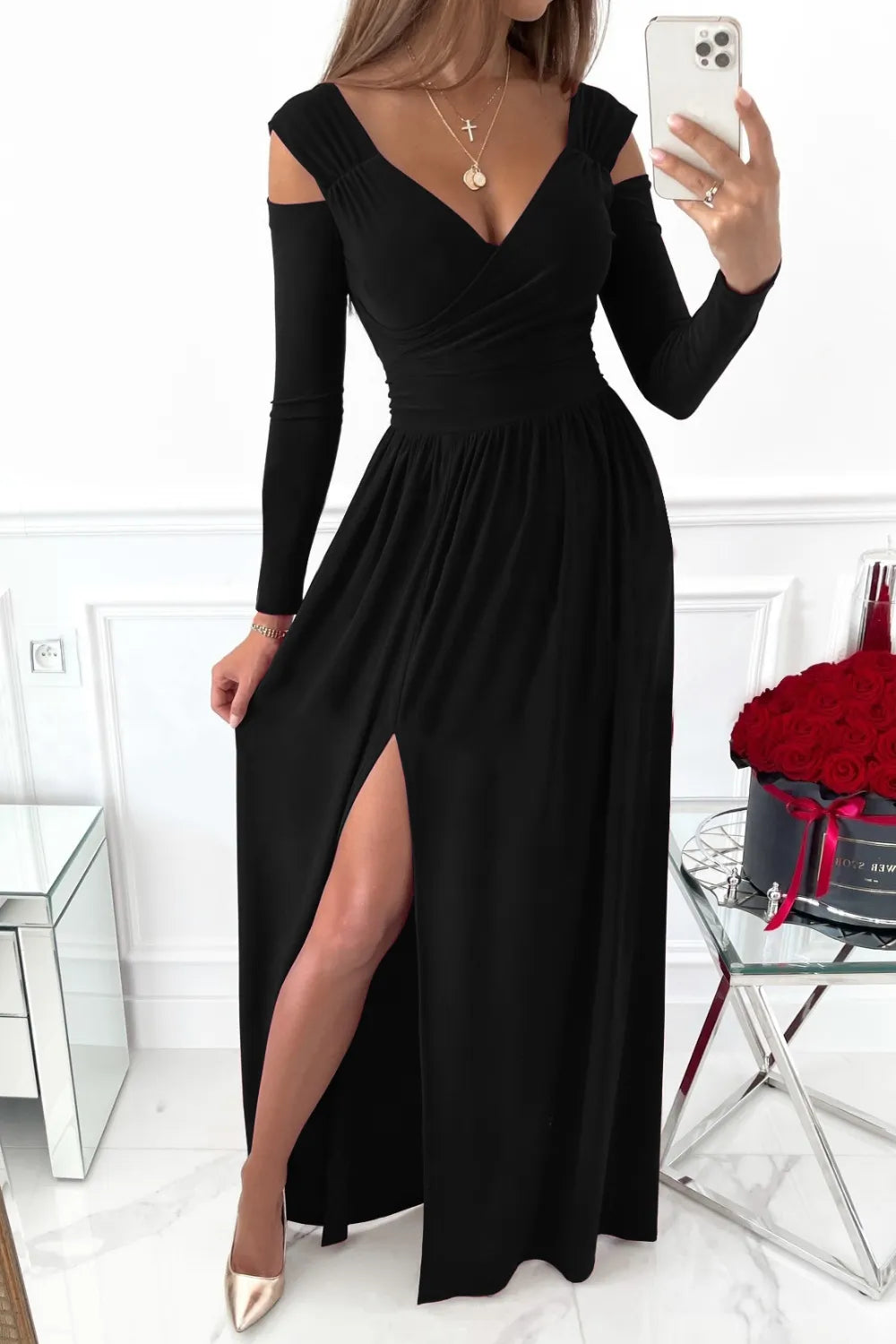 Slit Surplice Long Sleeve Maxi Dress Black