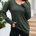 V-Neck Textured Knit Long Sleeve T-Shirt Green