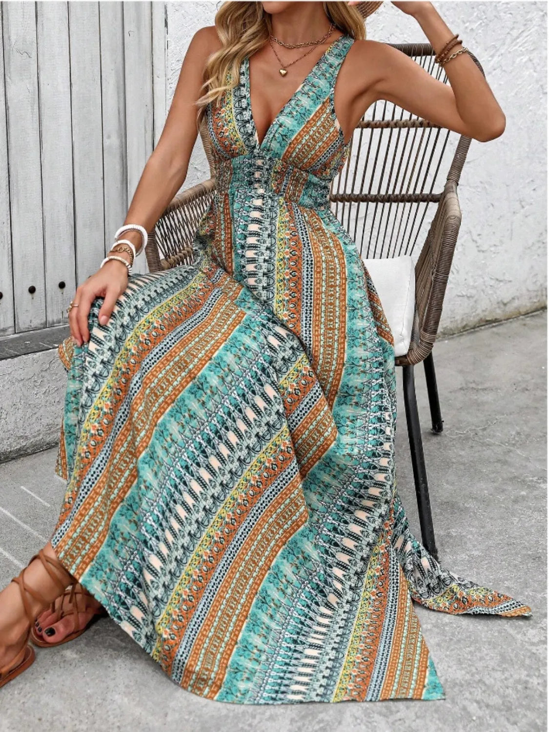 Tied Back Printed Sleeveless Maxi Slit Dress