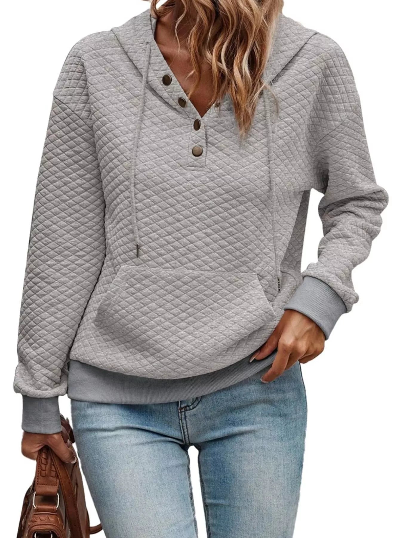 Drawstring Textured Dropped Shoulder Hoodie Gray