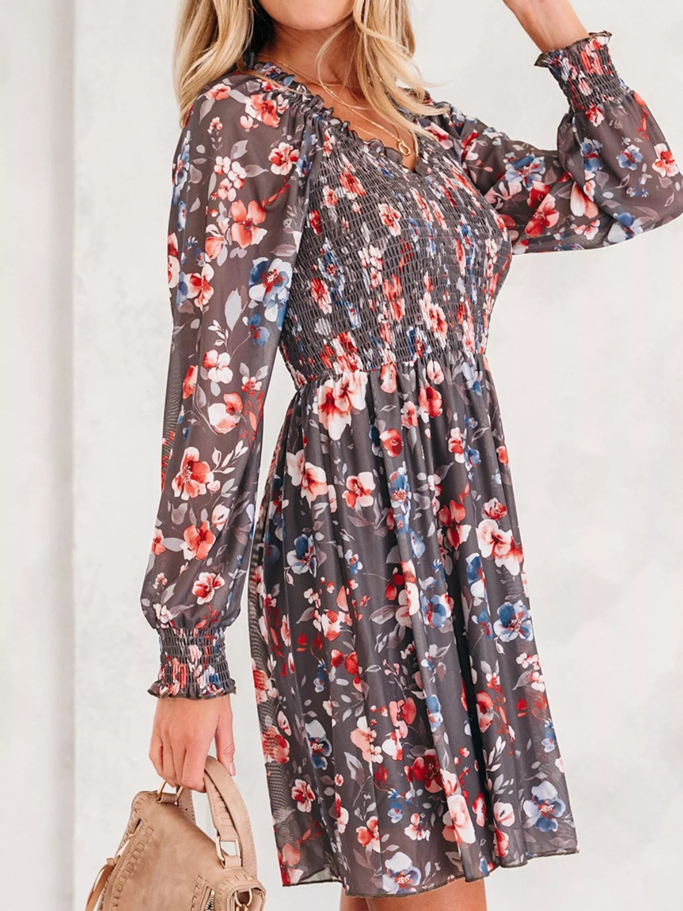 Frilly Smocked Bodice Floral Mesh Long Sleeve Mini Dress