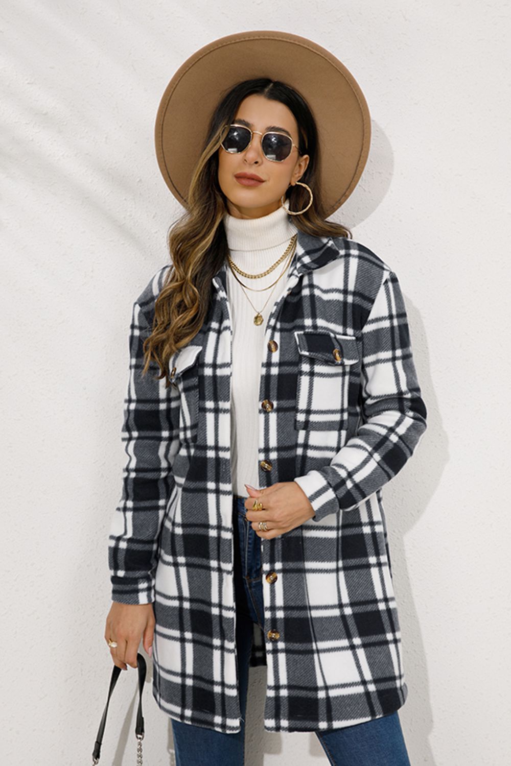 Shiny Plaid Collared Longline Coat Black