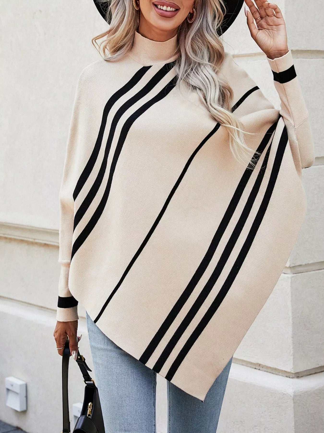 Striped Pattern Batwing Sleeve Sweater Apricot