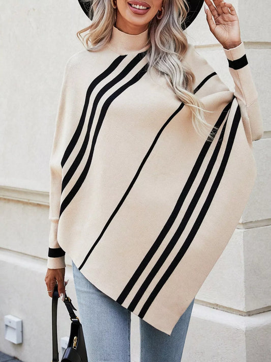 Striped Pattern Batwing Sleeve Sweater Apricot