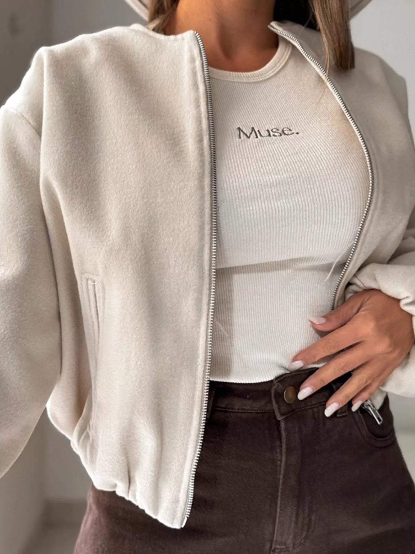 Casual Fleece Zip-Up Jacket Ivory