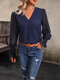 Perfee V-Neck Long Mesh Sleeve Top Navy