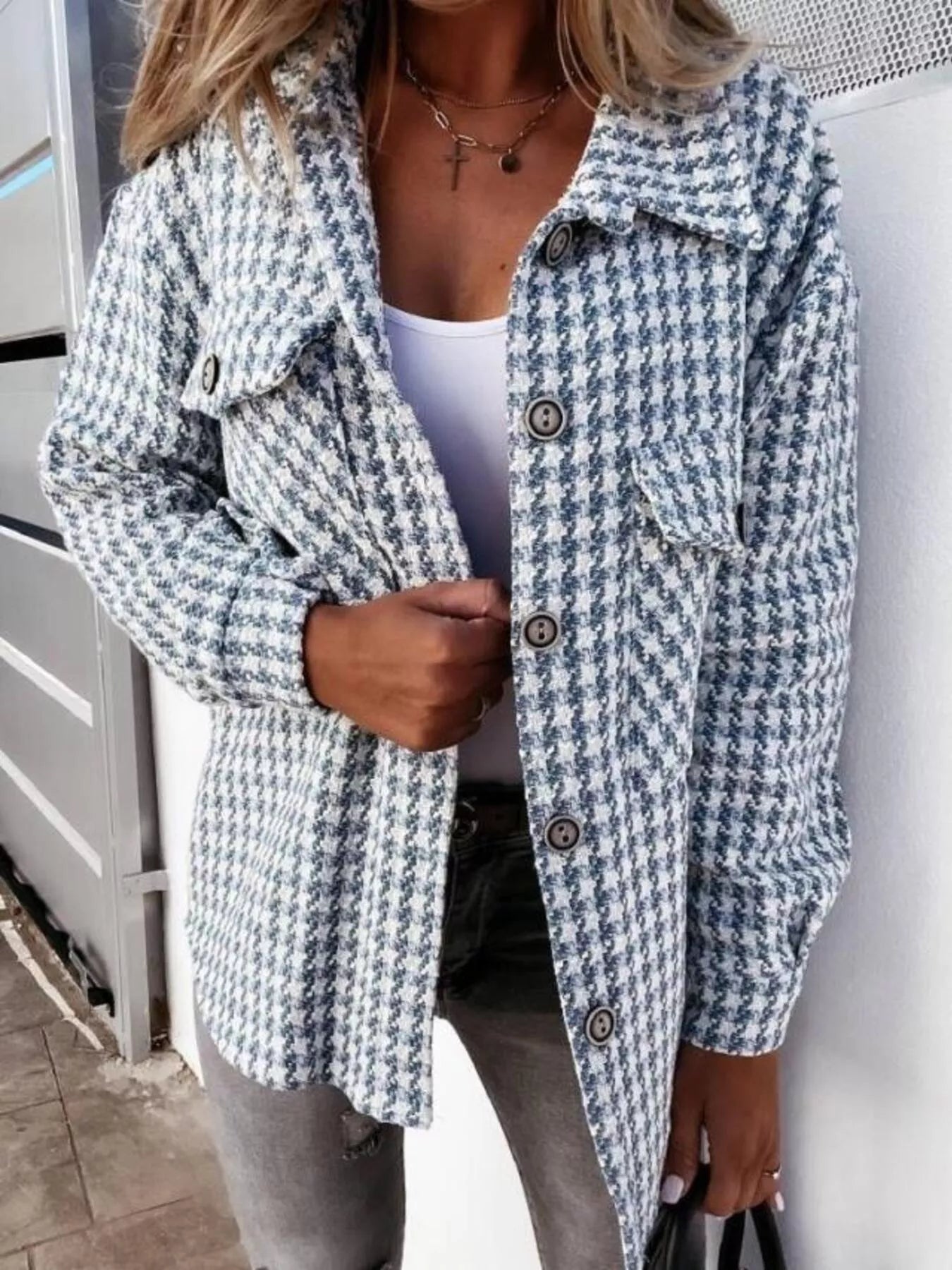 Houndstooth Button-Down Jacket Blue