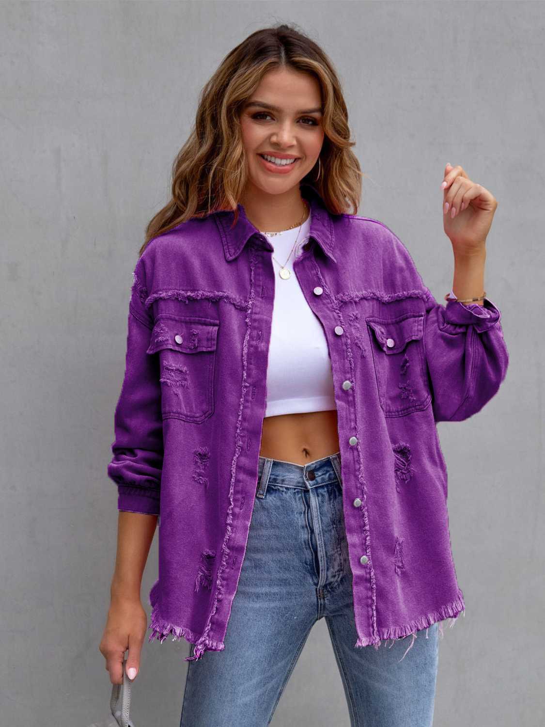 Distressed Drop Shoulder Denim Jacket Purple
