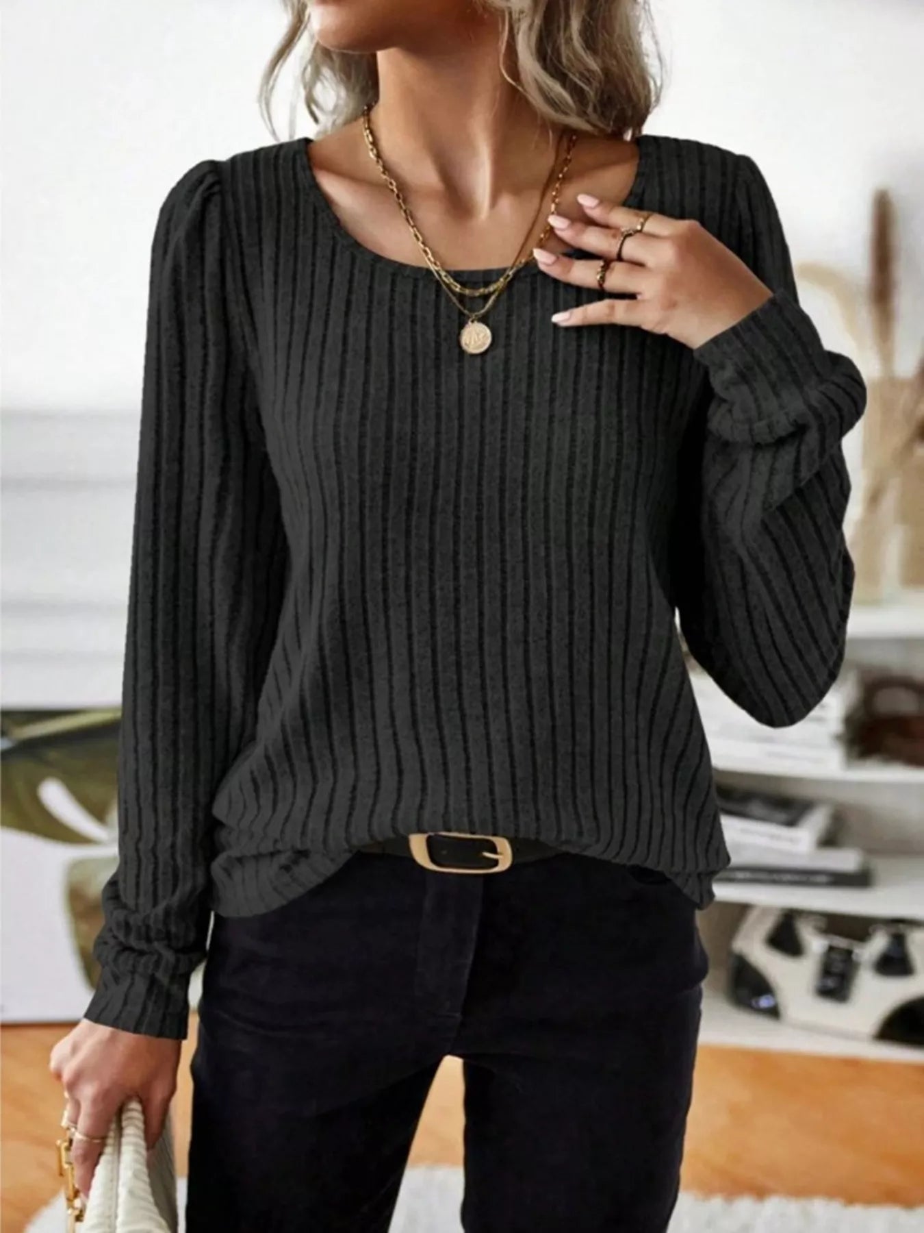 Ribbed Knit Long Sleeve T-Shirt Black