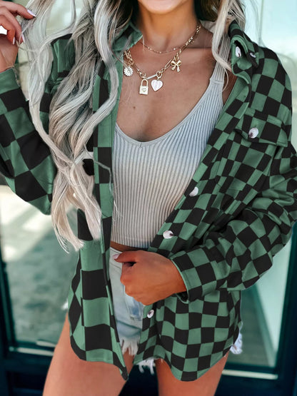 Checkered Pattern Button Up Oversized Jacket Dark Green