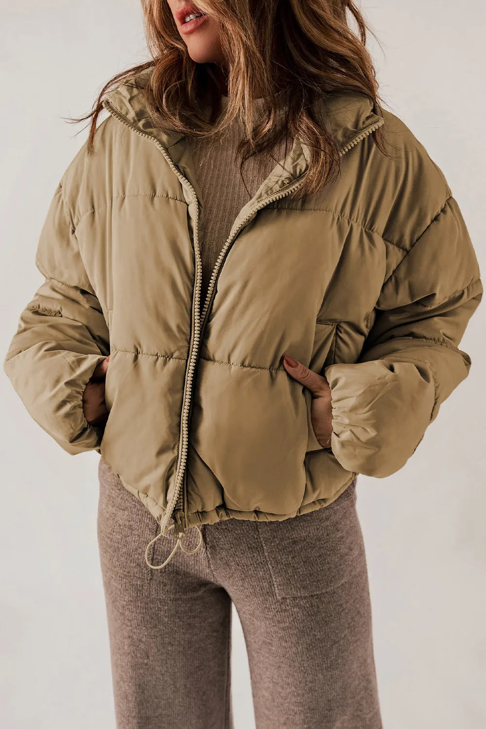 Zip Up Collared Neck Long Sleeve Winter Coat Taupe