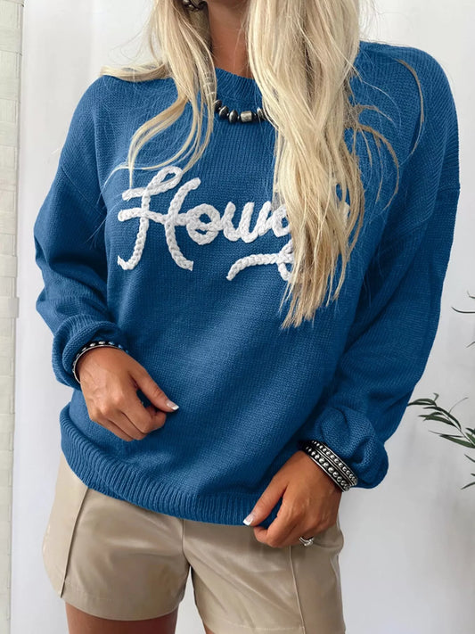 Howdy Embroidered Round Neck Sweater Dusty Blue
