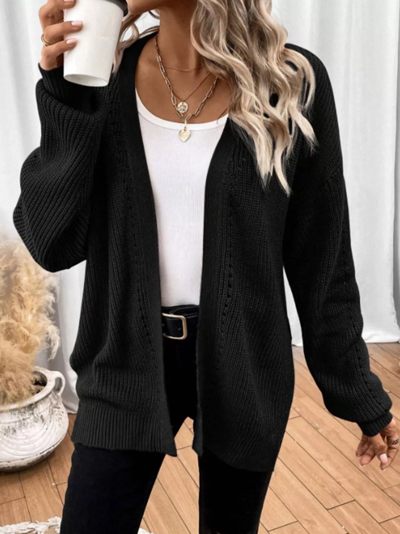 Cozy Knit Open Front Cardigan Black