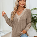 Lace Detail V-Neck Ribbed Blouse Khaki