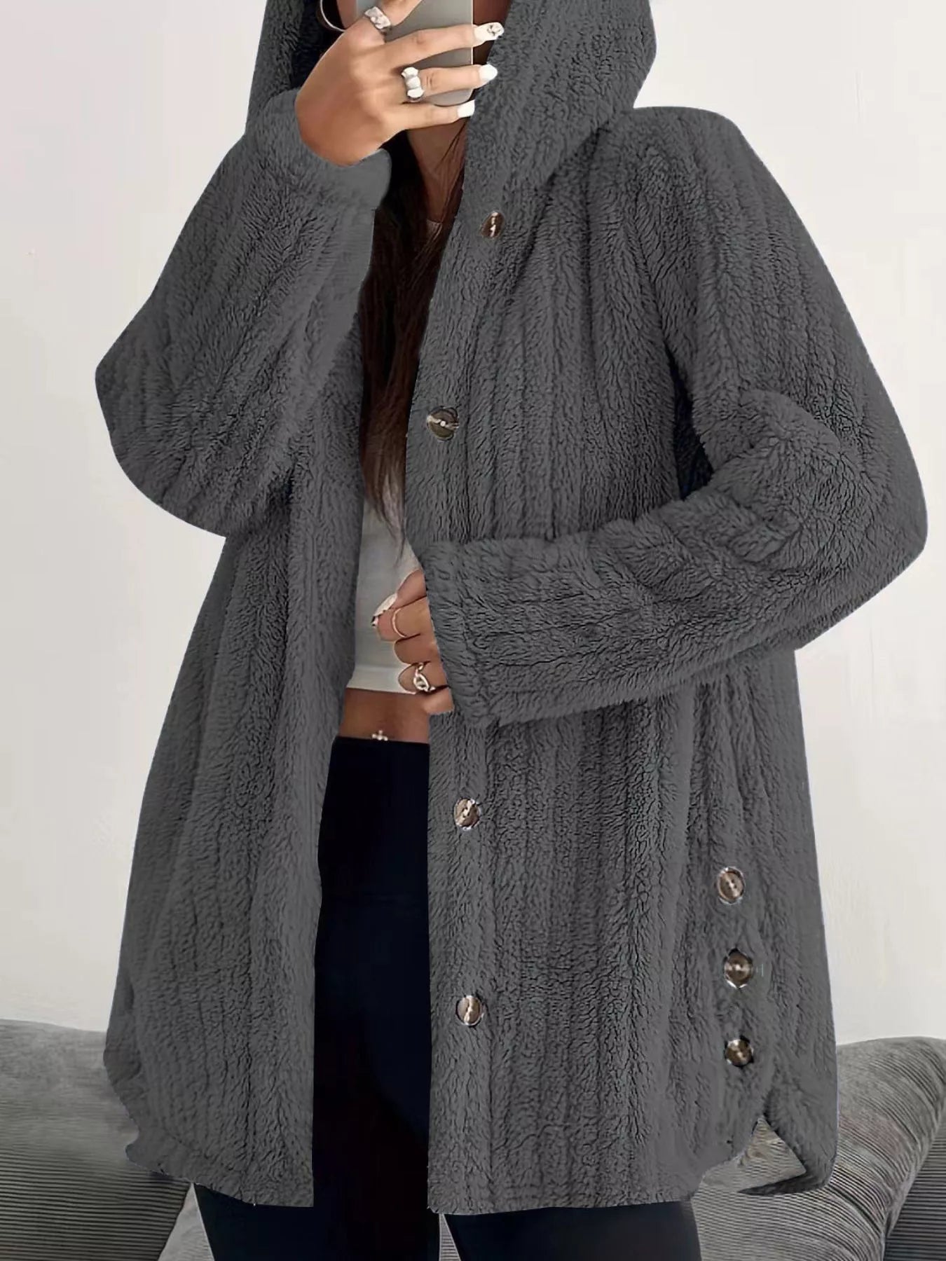 Full Size Fleece Button Up Hooded Outerwear Plus Size Dark Grey