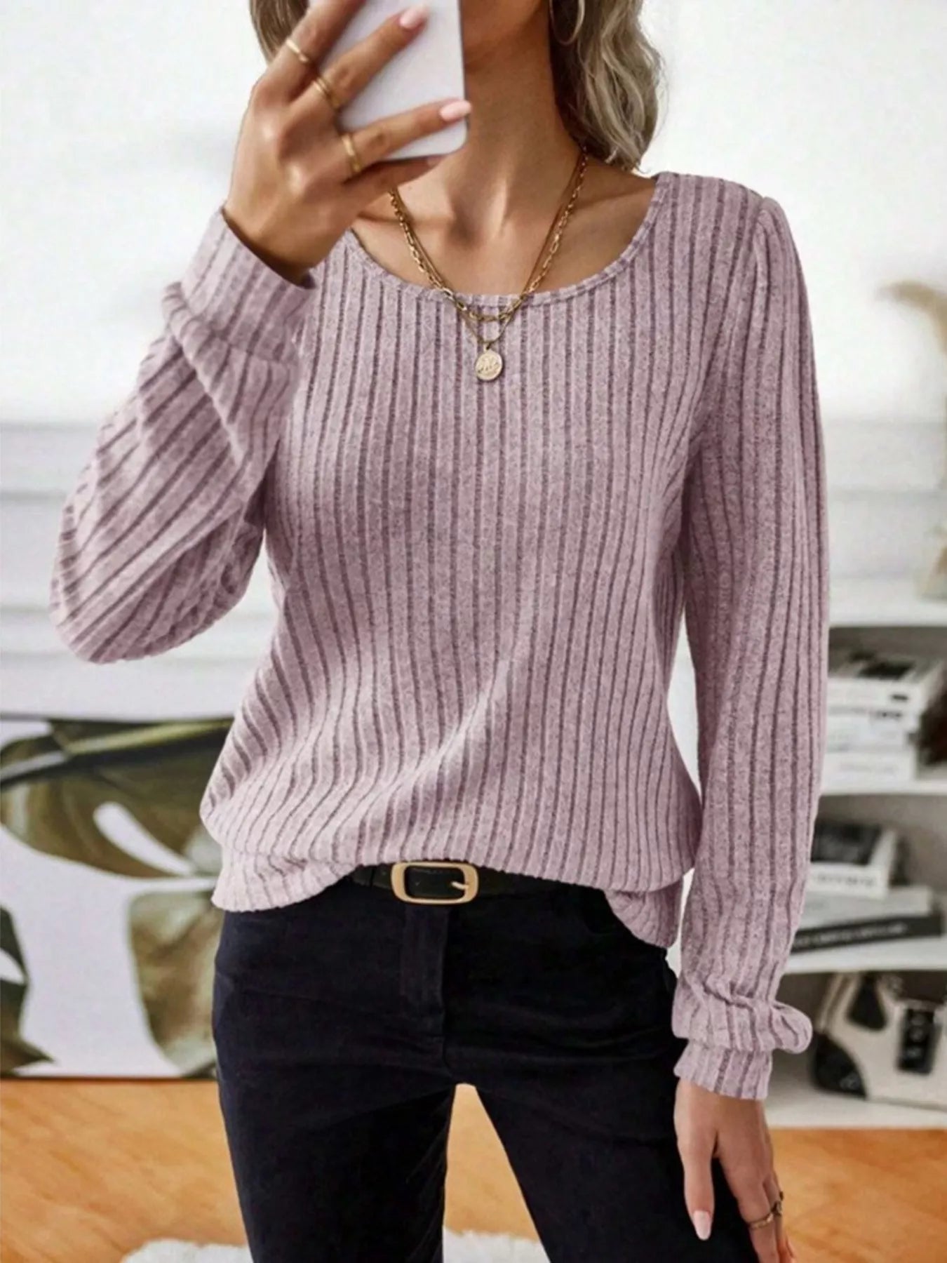 Ribbed Knit Long Sleeve T-Shirt