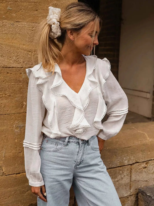 Ruffle Trim V-Neck Blouse