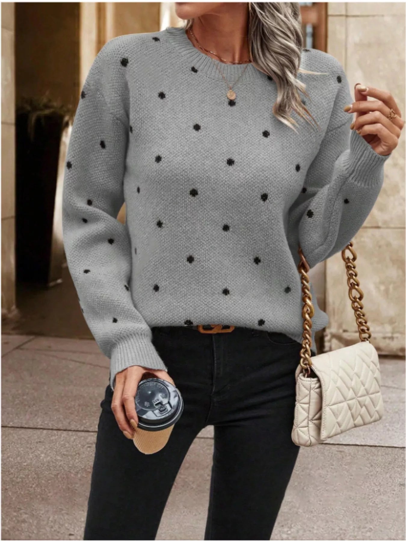 Polka Dot Long Sleeve Sweater Grey