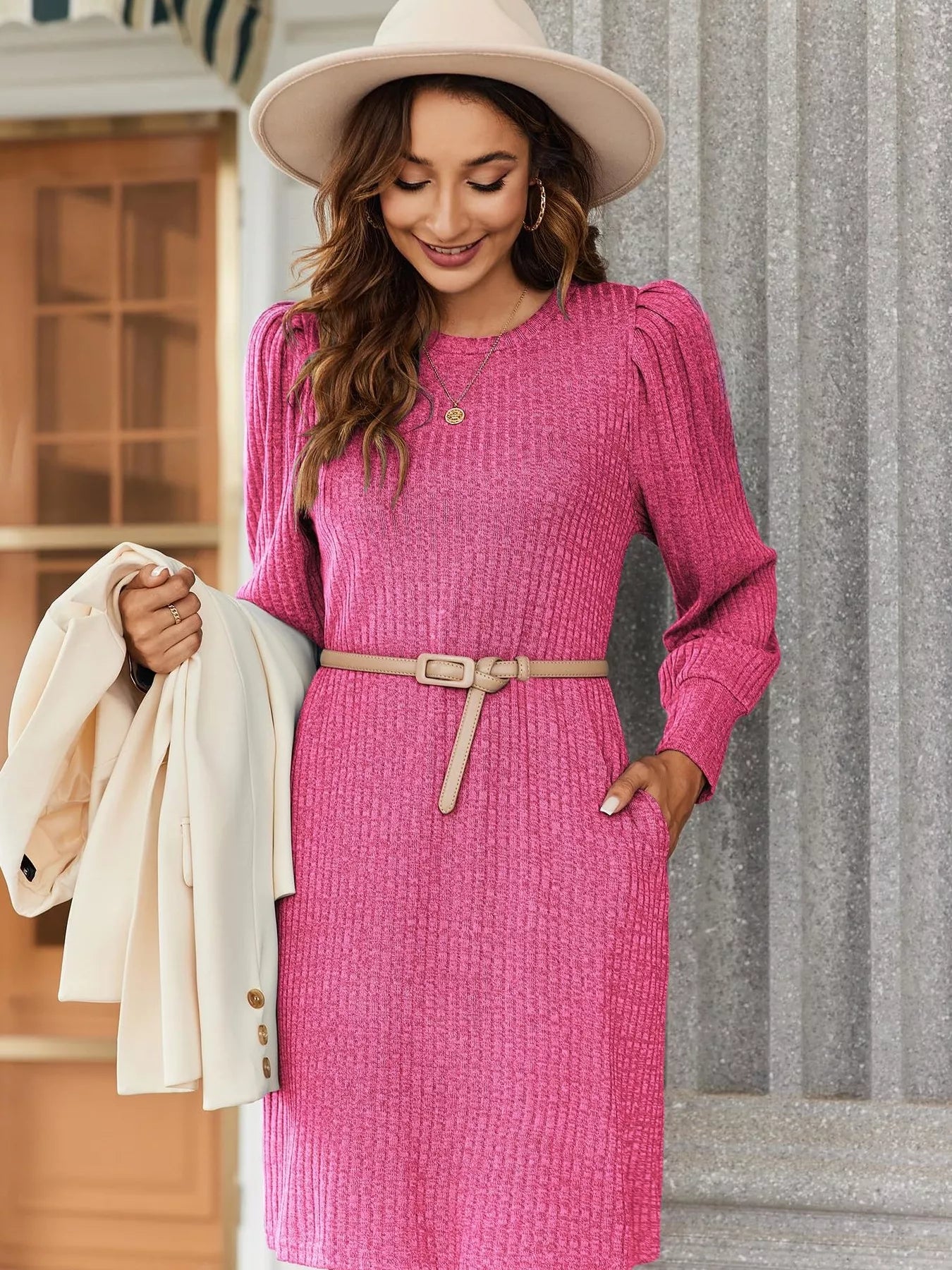 Ribbed Knit Puff Sleeve Casual Mini Dress